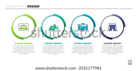 Set Signboard with text Hotel, Egypt pyramids, Photo camera and Short or pants. Business infographic template. Vector