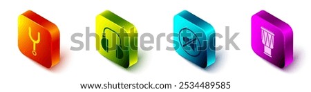 Set Isometric Musical tuning fork, Headphones, Speaker mute and Drum icon. Vector