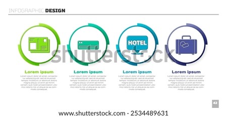 Set Passport with visa stamp, Air conditioner, Location hotel and Suitcase. Business infographic template. Vector