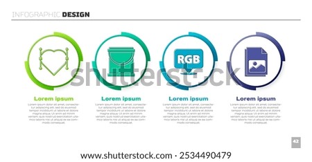 Set Heart with Bezier curve, Paint bucket, Speech bubble with RGB and CMYK and Picture landscape. Business infographic template. Vector