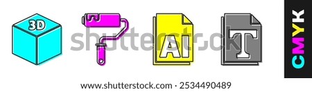 Set Isometric cube, Paint roller brush, AI file document and Text file document icon. Vector