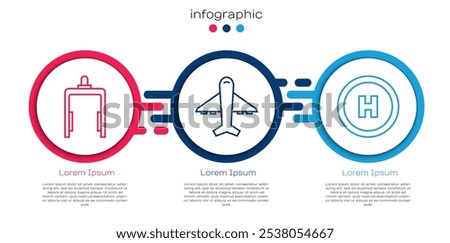 Set line Metal detector in airport, Plane and Helicopter landing pad. Business infographic template. Vector