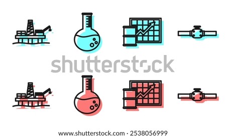 Set line Oil price increase, Oil platform in the sea, Oil petrol test tube and Industry pipes and valve icon. Vector