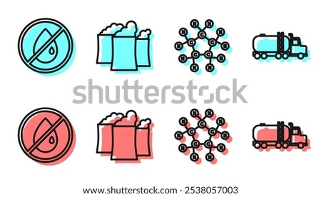 Set line Molecule oil, No oil drop, Oil industrial factory building and Tanker truck icon. Vector