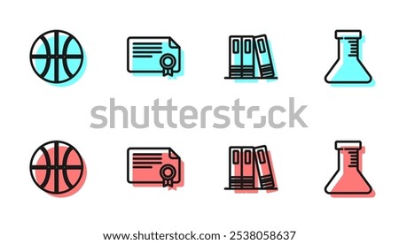 Set line Office folders, Basketball ball, Certificate template and Test tube and flask icon. Vector