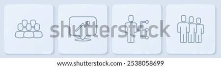 Set line Project team base, User of man in business suit, Graph, schedule, chart and Users group. White square button. Vector