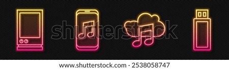 Set line Music streaming service, Voice assistant, Music player and USB flash drive. Glowing neon icon. Vector