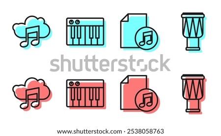 Set line Music book with note, Music streaming service, Music synthesizer and Drum icon. Vector