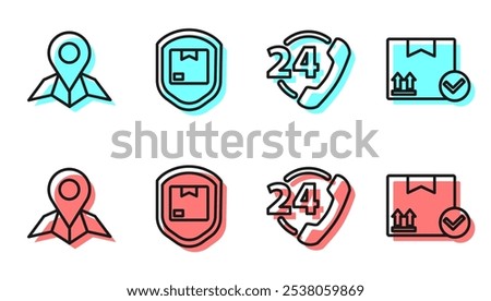 Set line Telephone 24 hours support, Placeholder on map paper, Delivery pack security with shield and Package box with check mark icon. Vector