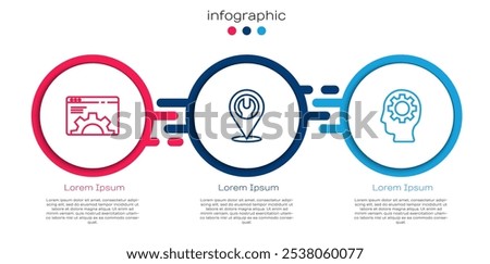 Set line Browser setting, Location with wrench spanner and Human head gear inside. Business infographic template. Vector