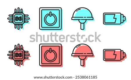 Set line Light emitting diode, Processor with microcircuits CPU, Electric light switch and Battery charge level indicator icon. Vector