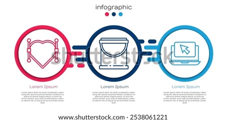 Set line Heart with Bezier curve, Paint bucket and Laptop and cursor. Business infographic template. Vector