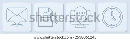 Set line Envelope, Chat messages notification on monitor, Document and cursor and Clock. White square button. Vector