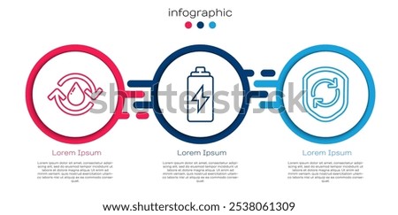 Set line Recycle clean aqua, Battery and Recycle symbol inside shield. Business infographic template. Vector