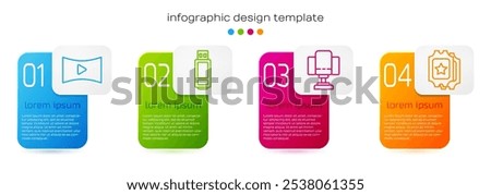 Set line Online play video, USB flash drive, Director movie chair and Cinema ticket. Business infographic template. Vector