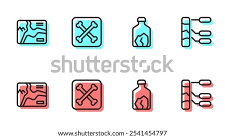 Set line Ore mining, Topographic map, Archeology and Soil analysis icon. Vector