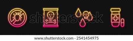 Set line Acid rain, Stop colorado beetle, Radioactive waste barrel and Antidote. Glowing neon icon. Vector