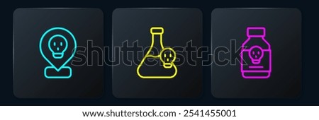 Set line Radioactive in location, Poisoned pill and Beaker with toxic liquid. Black square button. Vector