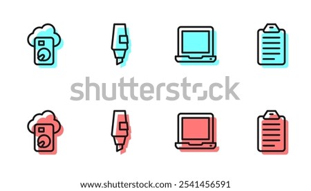 Set line Laptop, Cloud database, Marker pen and To do list or planning icon. Vector