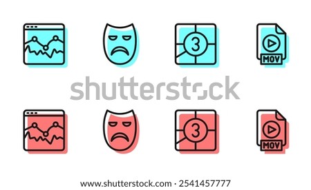 Set line Old film movie countdown frame, Music wave equalizer, Drama theatrical mask and MOV file document icon. Vector