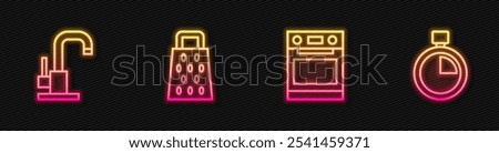 Set line Oven, Water tap, Grater and Stopwatch. Glowing neon icon. Vector