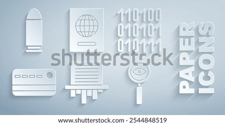 Set Paper shredder, Binary code, Credit card, Magnifying glass Search, Passport and Bullet icon. Vector