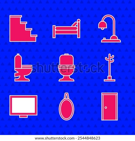 Set Toilet bowl, Mirror, Closed door, Coat stand, Picture frame on table, Table lamp and Staircase icon. Vector