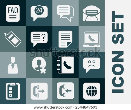 Set Worldwide, Sad smile, Telephone 24 hours support, Speech bubble chat, Unknown search, Mobile, FAQ information and File document icon. Vector