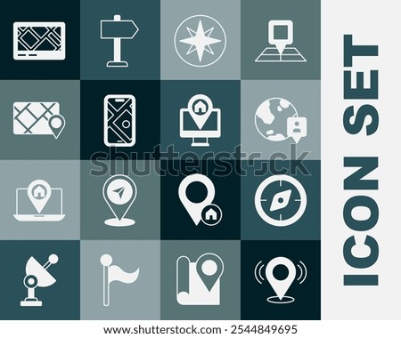 Set Map pin, Compass, Location on the globe, Wind rose, City map navigation, Gps device with,  and Monitor location icon. Vector