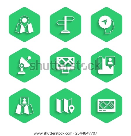 Set Monitor with map location, Folded marker, Gps device, Radar, Map human and  icon. Vector