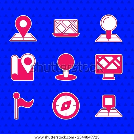 Set Push pin, Compass, Folded map with location marker, Monitor, Flag,  and  icon. Vector