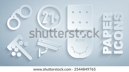 Set Security camera, Game dice, Stick for chips, Poker table, 21 plus and Handcuffs icon. Vector