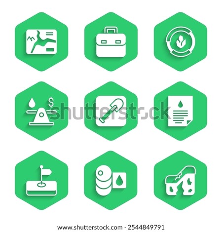 Set Shovel, Barrel oil, Geological fault, Oil drop document, Flag, money, Soil analysis and Topographic map icon. Vector