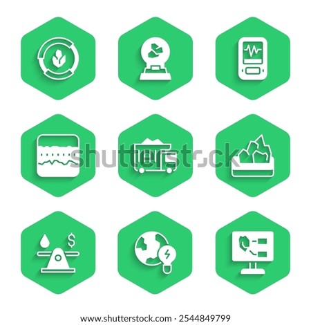 Set Mining dump truck, Global planet with bulb, Soil analysis, Ore mining, Oil money, ground layers, Seismograph and  icon. Vector