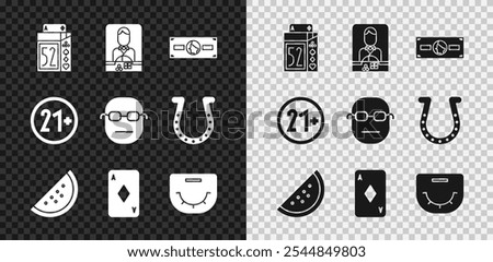 Set Deck of playing cards, Casino dealer, Stacks paper money cash, slot machine with watermelon, Playing diamonds, Poker table, 21 plus and player icon. Vector