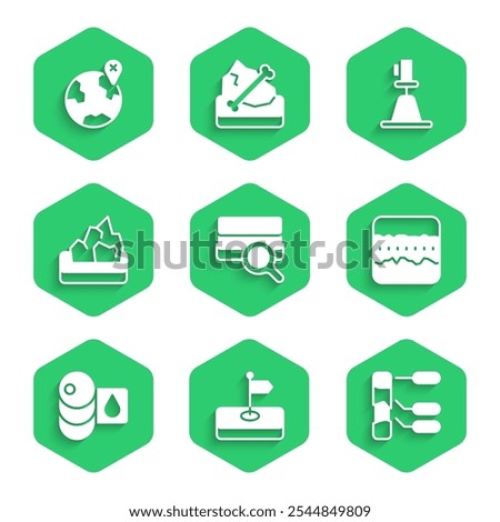 Set Soil analysis, Flag, ground layers, Barrel, Ore mining, Tacheometer, theodolite and Location on globe icon. Vector