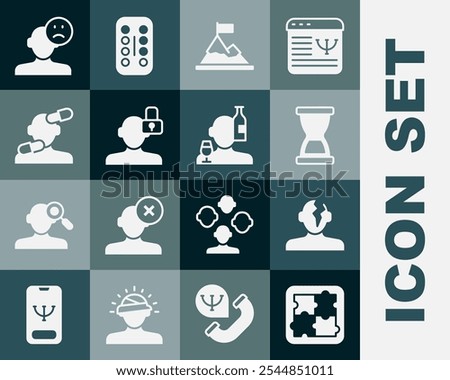 Set Solution problem in psychology, Old hourglass, Mountains with flag top, Closed personality, Sedative pills, Sad and depressed man, bad mood and Alcoholism icon. Vector