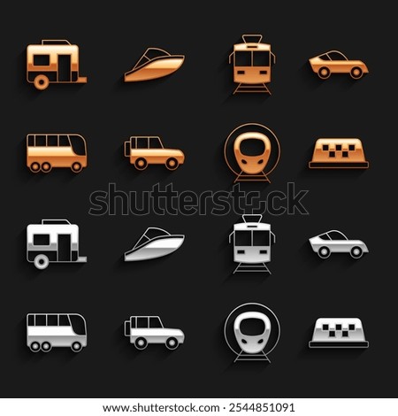 Set Off road car, Car, Taxi roof, Train and railway, Bus, Tram, Rv Camping trailer and Speedboat icon. Vector