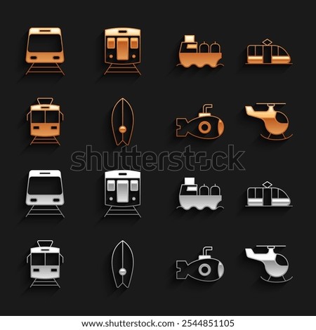 Set Surfboard, Tram and railway, Helicopter, Submarine, Oil tanker ship, Train and  icon. Vector