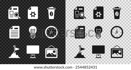 Set Document with graph chart, settings, Coffee cup to go, Mountains flag on top, Computer monitor, Picture landscape, File document and Light bulb icon. Vector