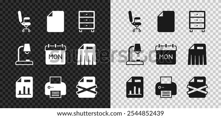 Set Office chair, File document, Archive papers drawer, Document with graph chart, Printer, Delete file, Table lamp and Calendar icon. Vector