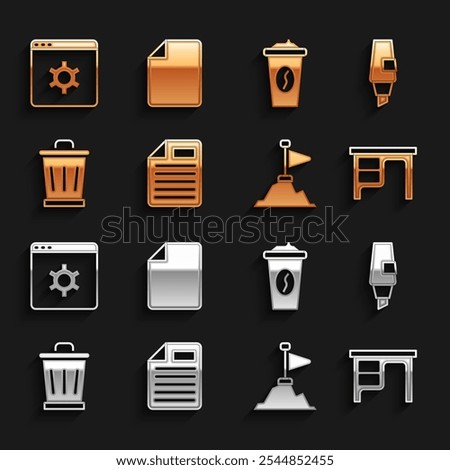 Set File document, Marker pen, Office desk, Mountains with flag on top, Trash can, Coffee cup go, Browser setting and  icon. Vector