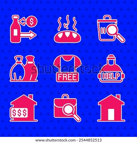 Set Clothes donation, Work search, Real estate, Help homeless, House with dollar, Garbage bag, Searching for food and Reception of glass bottles icon. Vector