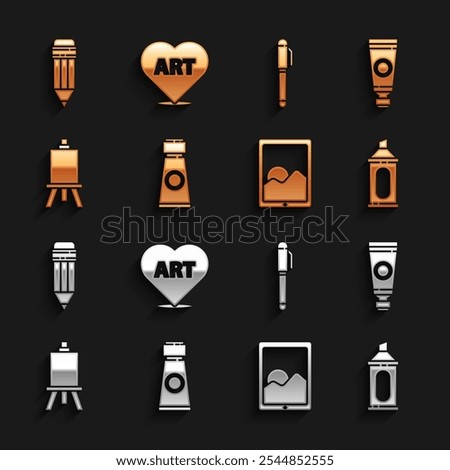 Set Tube with paint palette, Marker pen, Graphic tablet, Easel or painting art boards, Pen, Pencil eraser and Heart text icon. Vector