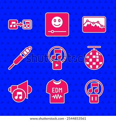 Set Play in square, T-shirt, Pause button, Disco ball, Speaker volume, Audio jack, Music wave equalizer and note, tone icon. Vector