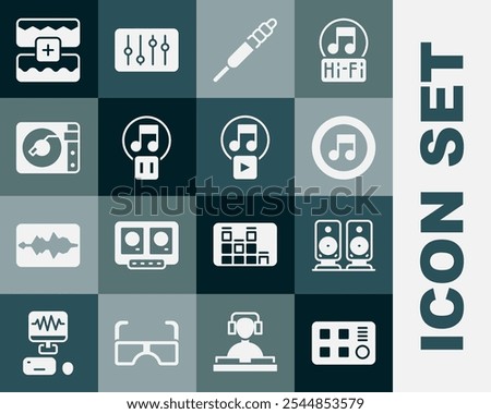 Set Drum machine, Stereo speaker, Music note, tone, Audio jack, Pause button, Vinyl player with vinyl disk, wave equalizer and Play square icon. Vector