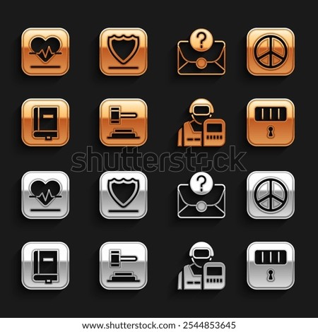 Set Judge gavel, Peace, Prison cell door, Police officer, Law book, Envelope with question mark, Heart rate and Shield icon. Vector