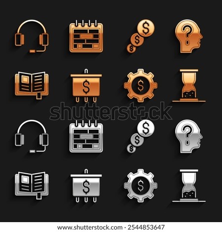 Set Target with dollar, Head question mark, Old hourglass sand, Gear, Reading book, Financial growth, Headphones and Calendar icon. Vector