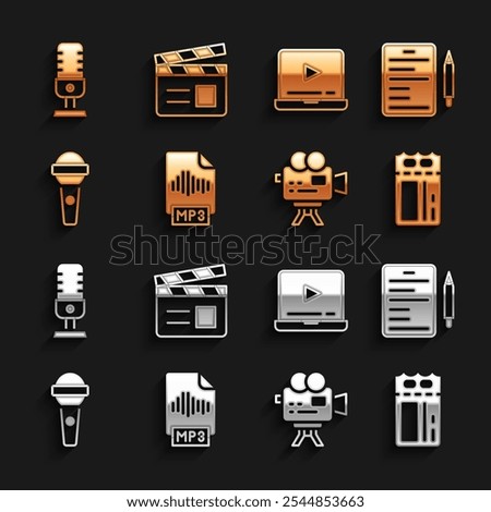 Set MP3 file document, Scenario, Cinema ticket, Retro cinema camera, Microphone, Online play video,  and Movie clapper icon. Vector