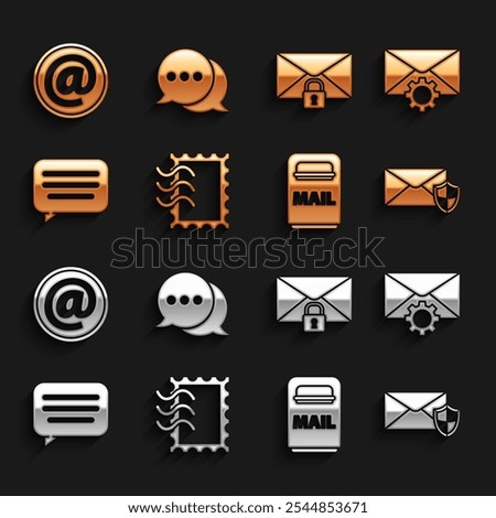 Set Postal stamp, Envelope setting, with shield, Mail box, Speech bubble chat, message lock password, and e-mail and  icon. Vector